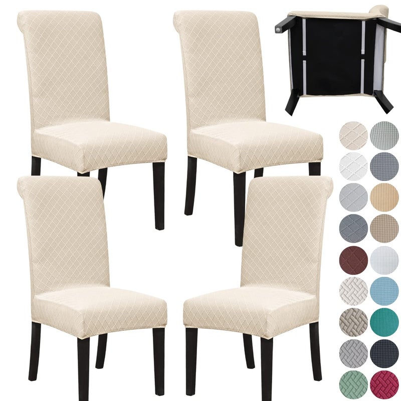 SPRINGRICO 4 Pack Dining Room Chair Covers with seat Belt Stretch Parsons Chair Slipcover Washable Kitchen Dining Chair Cover Removable Seat Protector Set of 4 S2 Beige