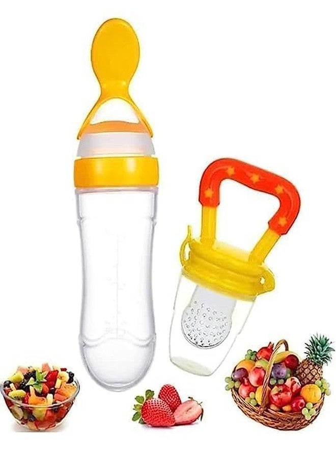 Chopchi Silicone Fruit Nibbler Pacifier 1 Pcs with 1 pcs Spoon Feeder Bottle for Infant Baby for 6+ Month Baby (2 Piece Combo Set-Yellow) - Image 1