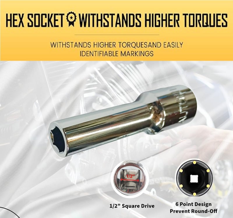 4 NEX 8mm + 13mm + 16mm, 1/2" Drive Hex Long Chrome Vanadium Steel, Anti Rust, Heavy Duty Socket - Image 2