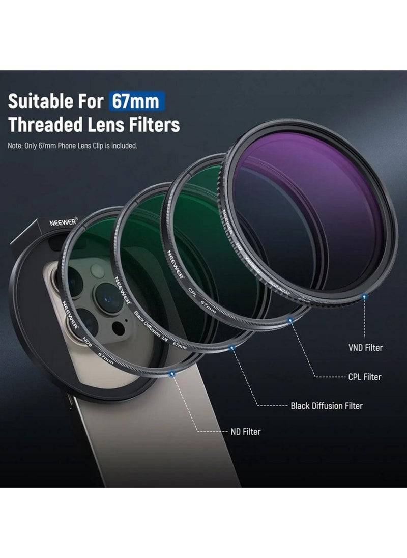 Neewer - 67mm Mobile Phone Filter Holder with Top Cold Shoe Mount – Compatible with iPhone 15/14/13/12, No Light Leakage, Supports 67mm Threaded Filters, Large Framework for Unobstructed Camera Use - Image 1