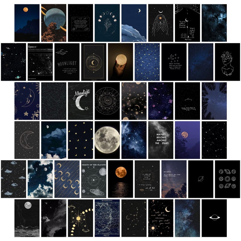 wall67 Astronomy Wall Collage Kit Aesthetic Pictures, Moon Stars Photo Collage Kit Dorm Room Decor for Teen Boy Girl, Moonlight Aesthetic Room Decor Photo Collection for Bedroom (50pcs 4x6 inch) - Image 1