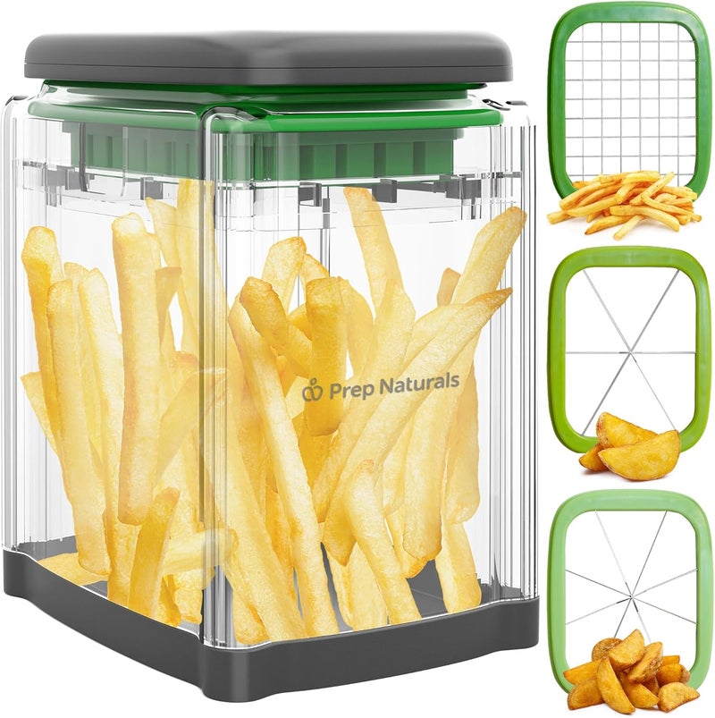 Prep Naturals 3-in-1 Manual French Fry Cutter - Interchangeable Blades for Potato Cutter & Fry Slicer - Functions as Potato Dicer & Food Dicer - Includes Safety Glove - Medium, Gray - Image 1