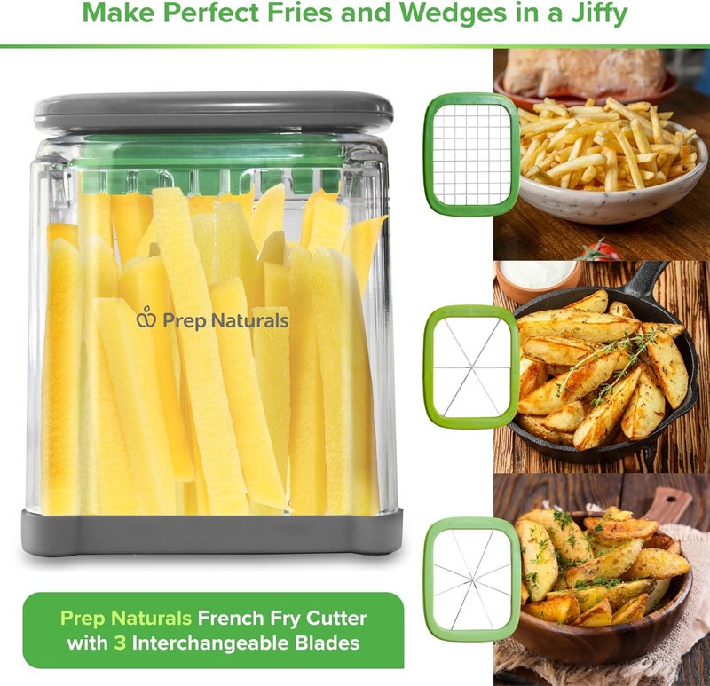 Prep Naturals 3-in-1 Manual French Fry Cutter - Interchangeable Blades for Potato Cutter & Fry Slicer - Functions as Potato Dicer & Food Dicer - Includes Safety Glove - Medium, Gray - Image 2