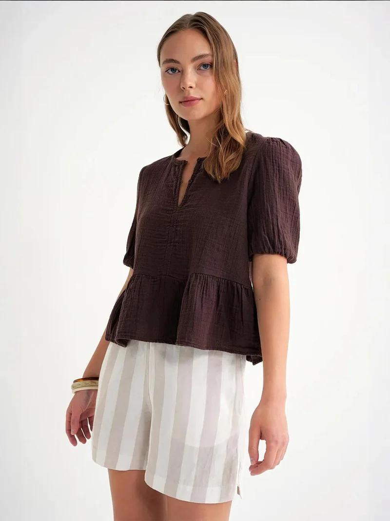 MixRay Coffee Brown Mixray Textured Muslin Crew Neck Blouse with Button Closure for Women | Best Price UAE