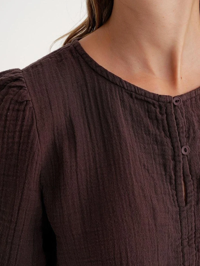 MixRay Coffee Brown Mixray Textured Muslin Crew Neck Blouse with Button Closure for Women | Best Price UAE