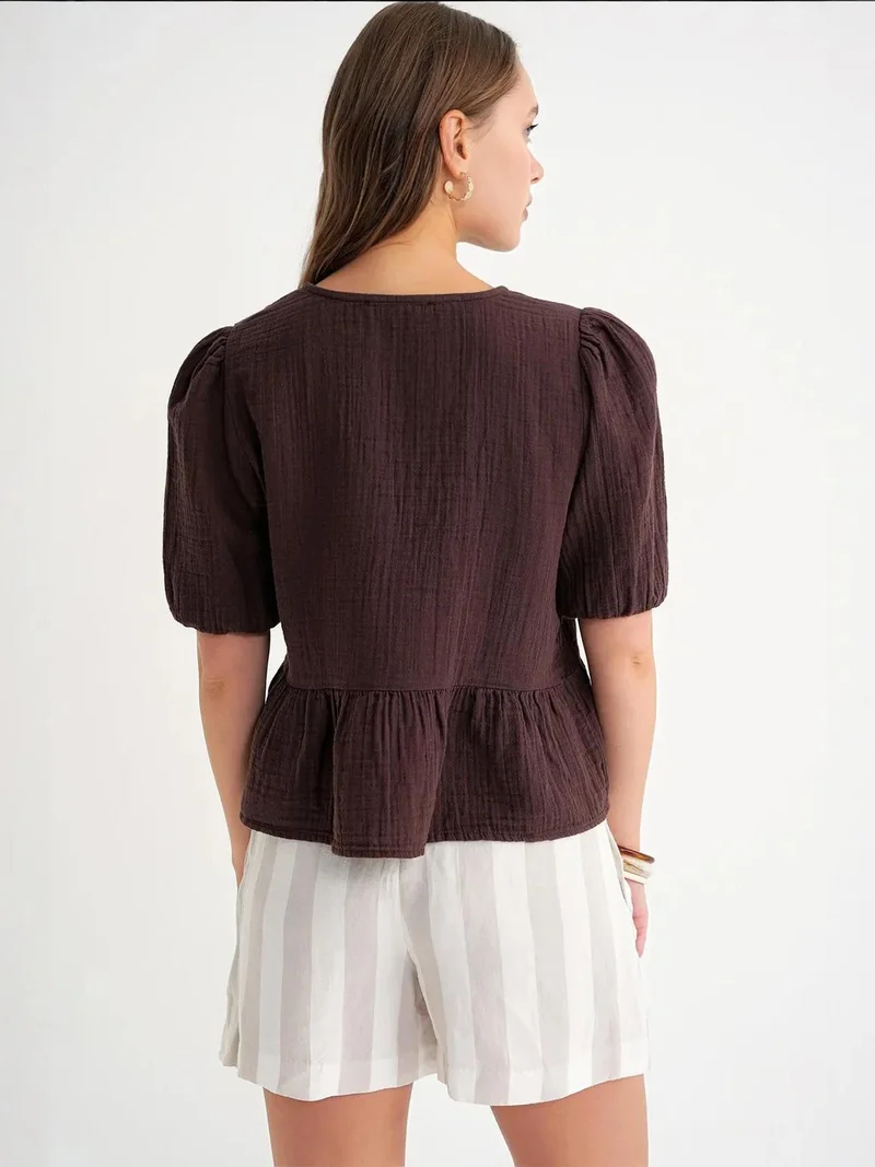 MixRay Coffee Brown Mixray Textured Muslin Crew Neck Blouse with Button Closure for Women | Best Price UAE
