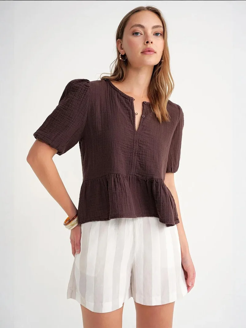 Mixray Textured Muslin Crew Neck Blouse with Button Closure