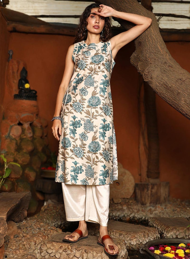 QISSA Women's Steel Blue Botanical Vine Kurta Set For Casual Wear | V Neck | Sleeveless | 2 Piece Kurta Set Designed With Comfort Fit For Everyday Ethnic Wear - Image 3