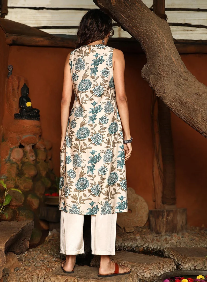 Qissa  Women's Steel Blue Botanical Vine Kurta Set For Casual Wear | V Neck | Sleeveless | 2 Piece Kurta Set Designed With Comfort Fit For Everyday Ethnic Wear for Women | Best Price UAE