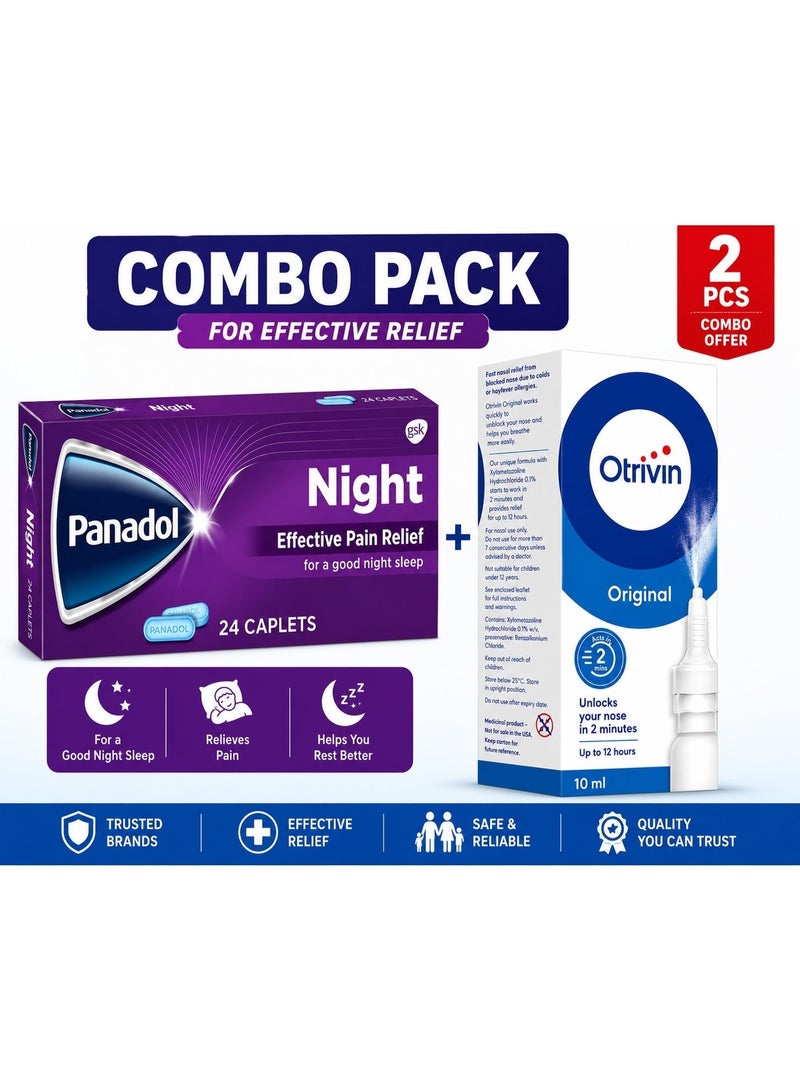 Otrivin Original Nasal Spray 0.1% + Panadol Night 24 Caplets Combo | Effective Cold Control & Better Sleep