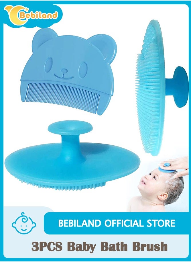 Bebiland - 3PCS Baby Bath Brush, Baby Cradle Cap Brush, Silicone Massage Brush, Baby Comb, Children's Comb (Blue) - Image 1