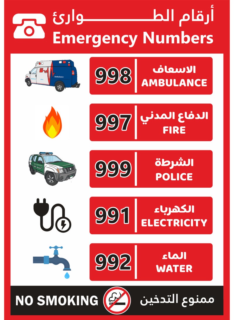 ملصق فينيل لأرقام خطوط المساعدة الطارئة في الإمارات العربية المتحدة (مغلف بطبقة واقية من الأشعة فوق البنفسجية، مقاوم للماء والبهتان) قطعة واحدة