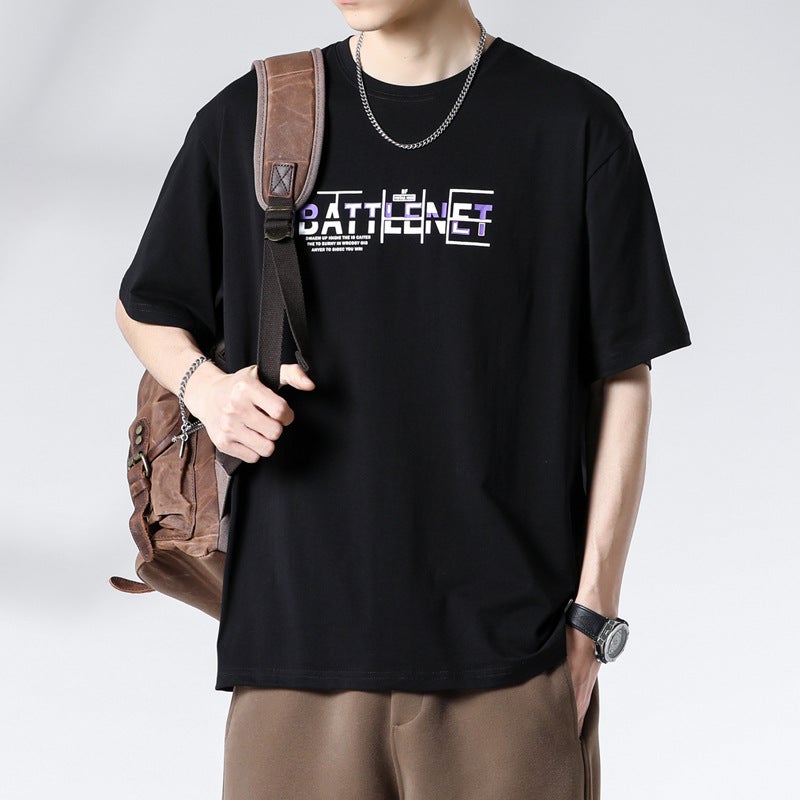 National Fashion Printed Short-Sleeved T-Shirt Men'S Simple Hong Kong Style Round Neck T-Shirt Men'S Extracted Large Size Thin T-Shirt - Image 1