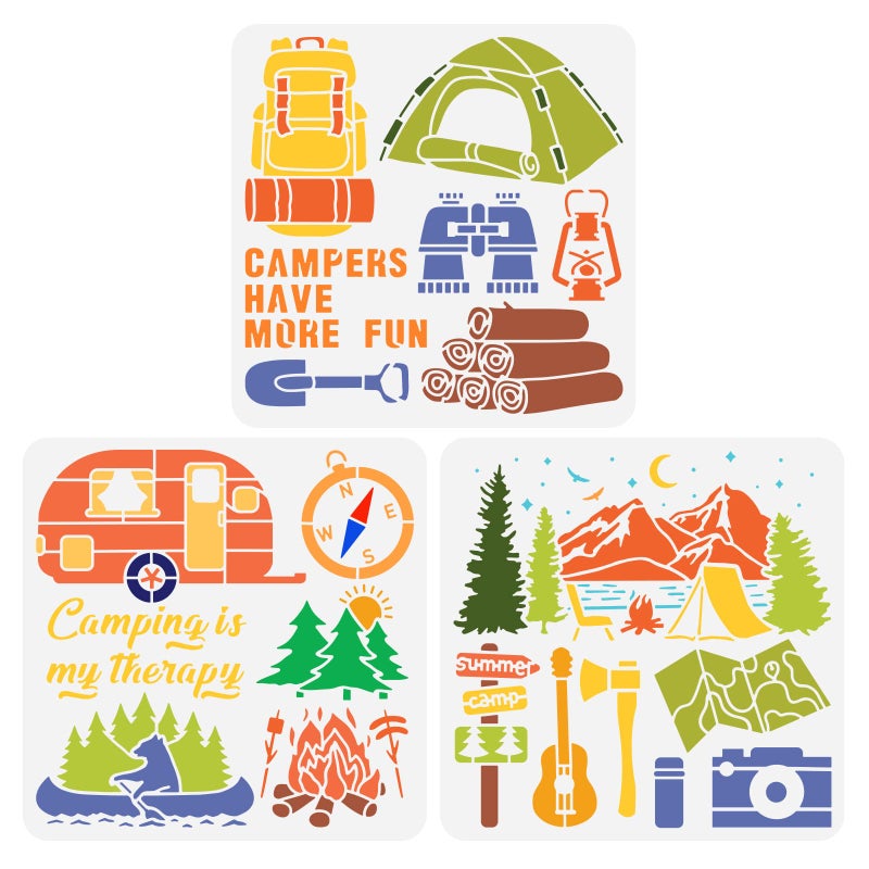 BENECREAT 3pcs Camping Stencil, 12x12inch Funny Camping BBQ Tent Stencil Reusable Painting Templates for Card Scrapbooking, Fabric, Floor Furniture, Wall Art Decor - Image 1