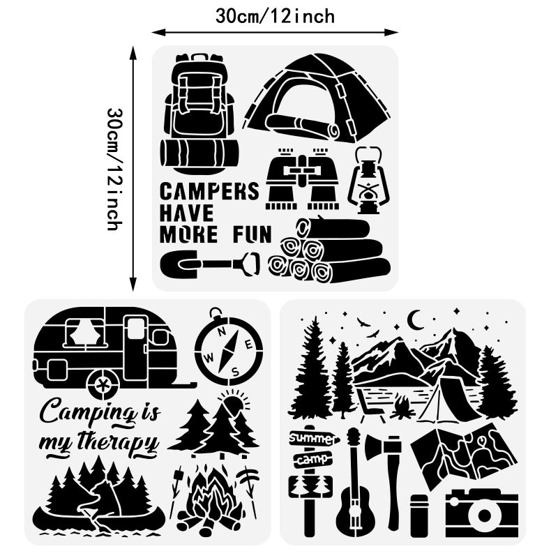BENECREAT 3pcs Camping Stencil, 12x12inch Funny Camping BBQ Tent Stencil Reusable Painting Templates for Card Scrapbooking, Fabric, Floor Furniture, Wall Art Decor - Image 2