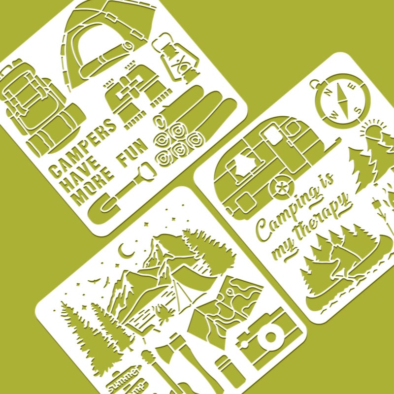BENECREAT 3pcs Camping Stencil, 12x12inch Funny Camping BBQ Tent Stencil Reusable Painting Templates for Card Scrapbooking, Fabric, Floor Furniture, Wall Art Decor - Image 3