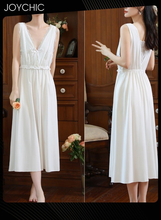 NIBEMINENT Palace Style Suspender Nightgown for Women Summer Comfortable Lace Pajamas Deep V-neck Long Sleep Dress with Chest Pads Indoor Outdoor White  - Image 1