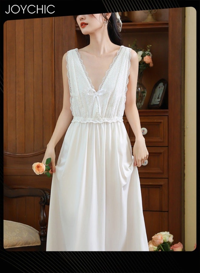 NIBEMINENT Palace Style Suspender Nightgown for Women Summer Comfortable Lace Pajamas Deep V-neck Long Sleep Dress with Chest Pads Indoor Outdoor White  - Image 3