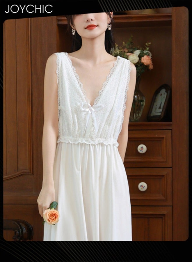 NIBEMINENT Palace Style Suspender Nightgown for Women Summer Comfortable Lace Pajamas Deep V-neck Long Sleep Dress with Chest Pads Indoor Outdoor White  - Image 4