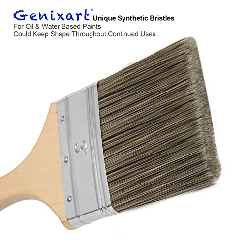 Genixart Double Thick Chip Paint Brush Set,Wood Stain Brushes for Painting Walls and Fence Staining, Wooden Handle Masonry Paintbrush for Varnish, Paste and Gesso (5 Pack Assorted Sizes) - Image 2