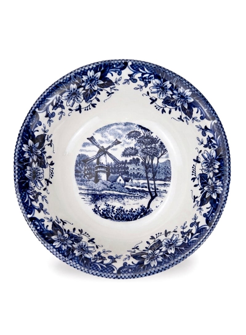 Claytan Earthenware Classic Blue Windmill & Floral Pattern Cereal Bowl, 6.2 Inch, White (Set of 6) | Premium Bowls for Cereal, Soup, Oatmeal, Salad & Snacks | Vintage Tableware for Home, Office - Image 2