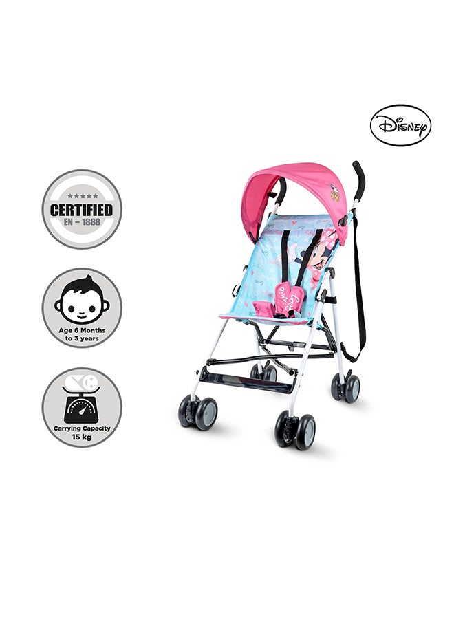 Disney عربة أطفال خفيفة الوزن من ديزني ميني ماوس – قابلة للطي بشكل مضغوط، مظلة شمسية، حزام كتف، تصميم تهوية، عربة محمولة للأطفال من 6-36 شهر، سهلة الطي، - تركواز/أزرق - Image 2