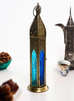 Hilalful Hilalful Blue Chic Tall Brass Antique Lantern Blue Turquoise Duo Glass, For Ramadan.  - Image 2