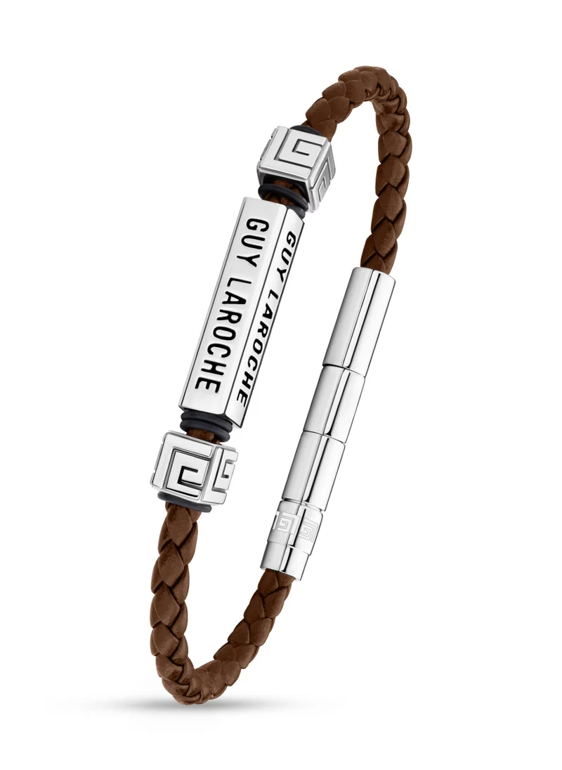 غاي لاروش Jean Brown Leather And Stainless Steel Bracelet