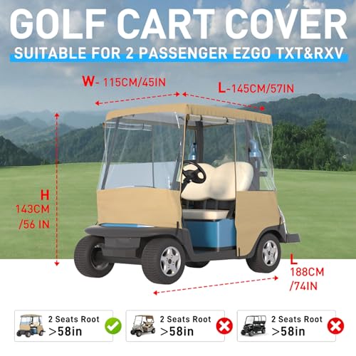 BENVOL Golf Cart Cover 2 Seater Drivable Enclosure - Fits Club Car Precedent, Tempo & EZGO TXT (Roof Up to 58") - 900D Heavy Duty Khaki Waterproof Rain Cover with 0.5mm Clear Vinyl Windows - Image 2