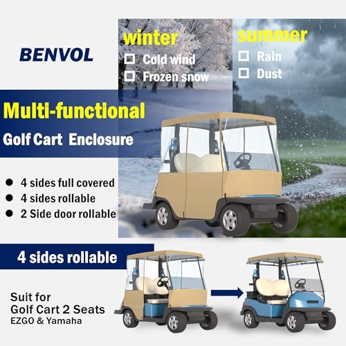 BENVOL Golf Cart Cover 2 Seater Drivable Enclosure - Fits Club Car Precedent, Tempo & EZGO TXT (Roof Up to 58") - 900D Heavy Duty Khaki Waterproof Rain Cover with 0.5mm Clear Vinyl Windows - Image 4
