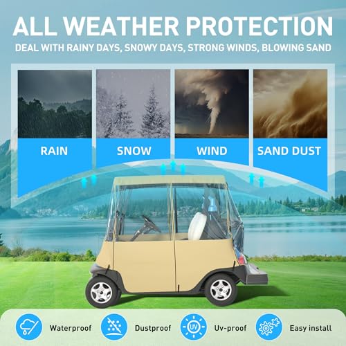 BENVOL Golf Cart Cover 2 Seater Drivable Enclosure - Fits Club Car Precedent, Tempo & EZGO TXT (Roof Up to 58") - 900D Heavy Duty Khaki Waterproof Rain Cover with 0.5mm Clear Vinyl Windows - Image 3