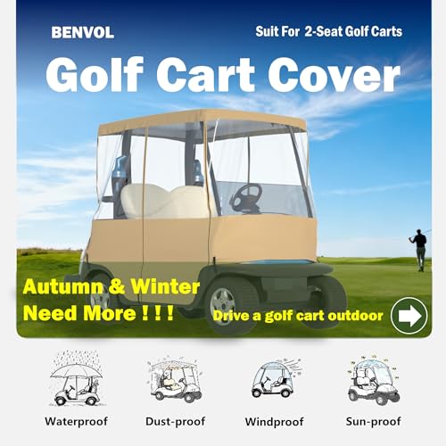 BENVOL Golf Cart Cover 2 Seater Drivable Enclosure - Fits Club Car Precedent, Tempo & EZGO TXT (Roof Up to 58") - 900D Heavy Duty Khaki Waterproof Rain Cover with 0.5mm Clear Vinyl Windows - Image 5