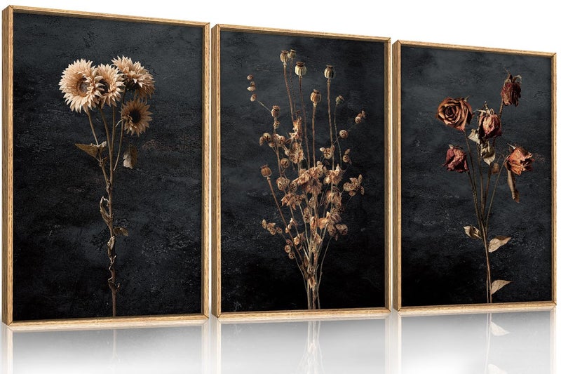 Aryroi Large Moody Dark Floral Framed Canvas Wall Art,Vintage Dried Flowers Wall Decor,Modern Retro Wildflowers Artwork,Mid Century Boho Botanical Art Print For Living Room,Bedroom,Office-16 x24 x3 - Image 1