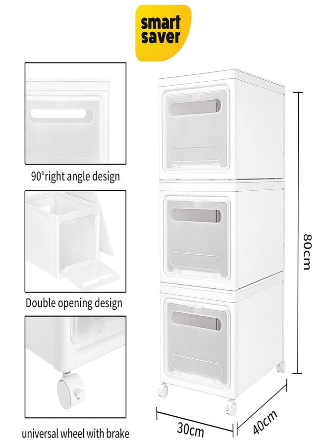 Smart Saver Plastic Stackable Storage Bin - 3 Tier - Collapsible Crates with Wheels - White - Modern Minimalist - 41 cm x 31 cm x 75 cm - Image 3