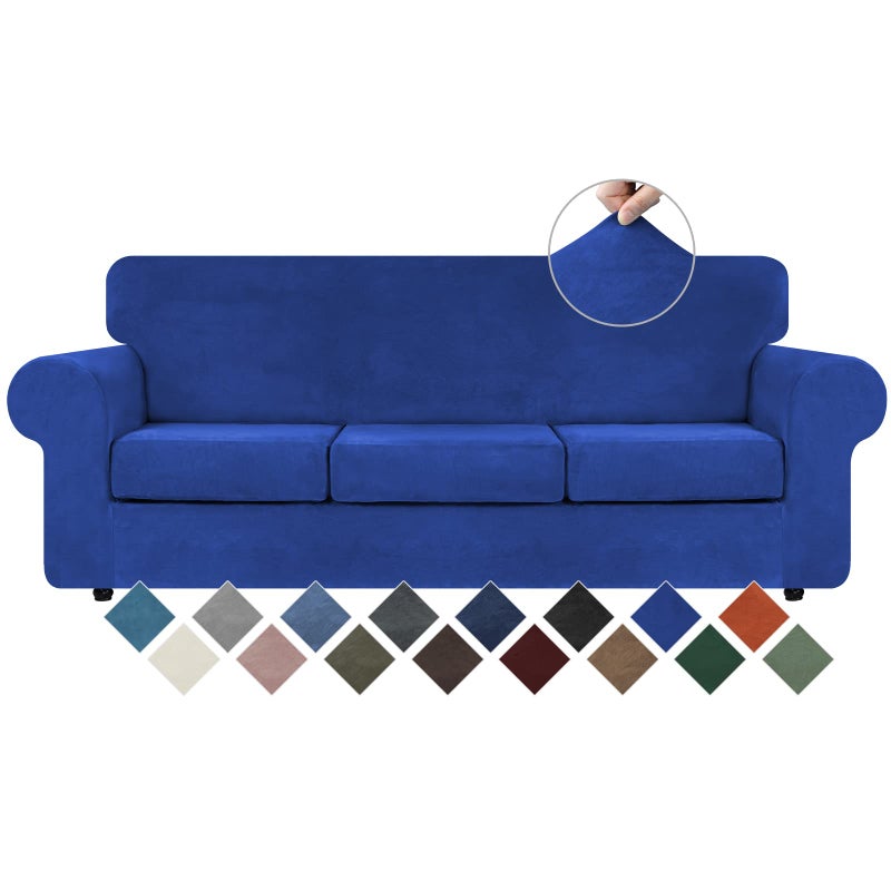 WEERRW 4 Pieces Velvet High Stretch Couch Covers for 3 Cushion Couch Sofa Slipcovers, Washable Furniture Protector with Non Slip Elastic Bottom, Feature Soft and Thick Plush Fabric, Royal Blue, Large - Image 1