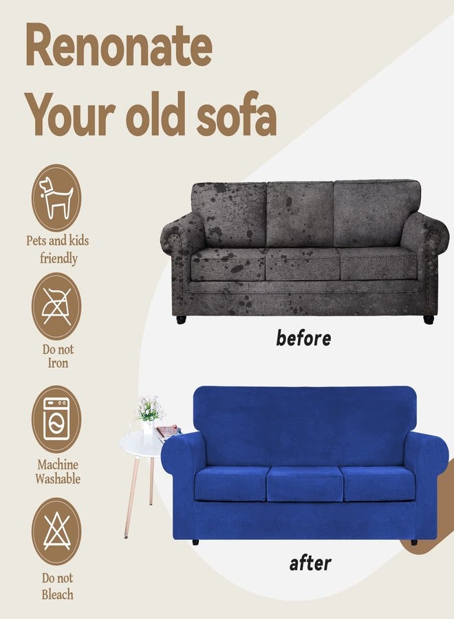 WEERRW 4 Pieces Velvet High Stretch Couch Covers for 3 Cushion Couch Sofa Slipcovers, Washable Furniture Protector with Non Slip Elastic Bottom, Feature Soft and Thick Plush Fabric, Royal Blue, Large - Image 5