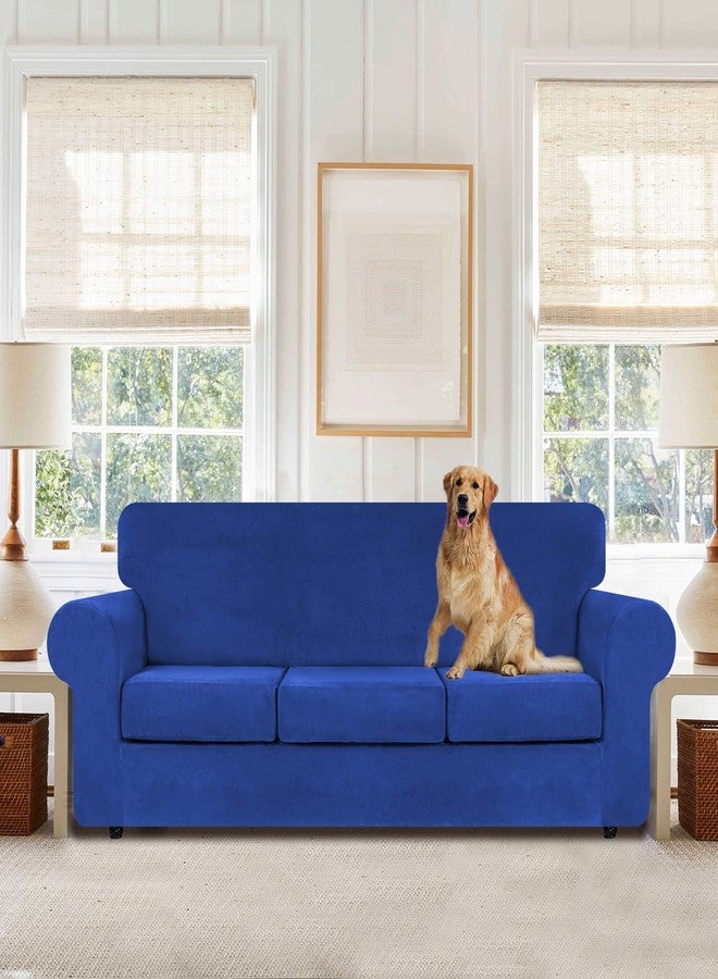 WEERRW 4 Pieces Velvet High Stretch Couch Covers for 3 Cushion Couch Sofa Slipcovers, Washable Furniture Protector with Non Slip Elastic Bottom, Feature Soft and Thick Plush Fabric, Royal Blue, Large - Image 2