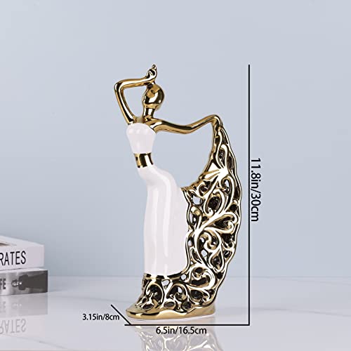 DOVDOV Peacock Statue and Sculpture Female Dancer Sculpture Modern Home Golden Ceramic Statue for Coffee Table Entrance Living Room Bedroom Office Decoration Accessories White Gold - Image 3