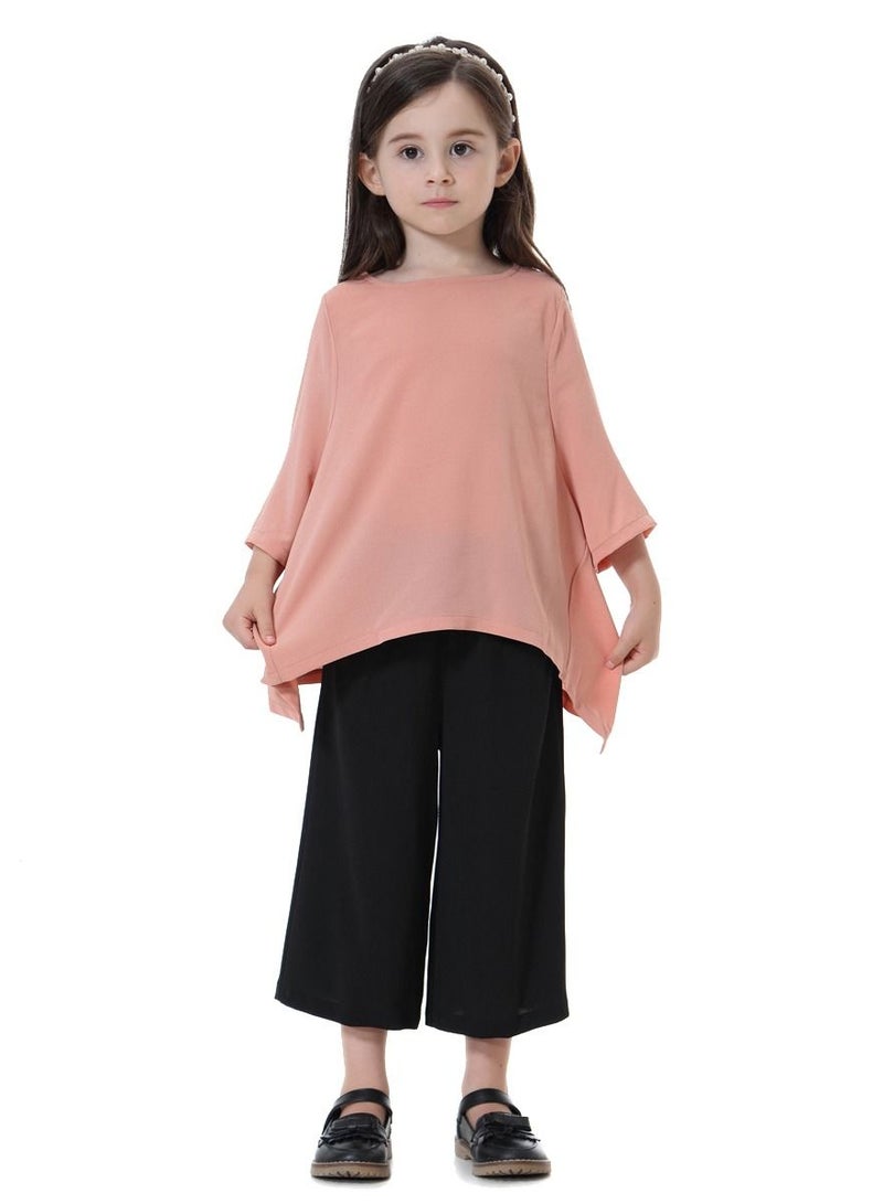 Loquat Girl's 2-Piece Set Outfit Round Neck Top And Loose Cropped Pants Suit Apricot/Black  - Image 1