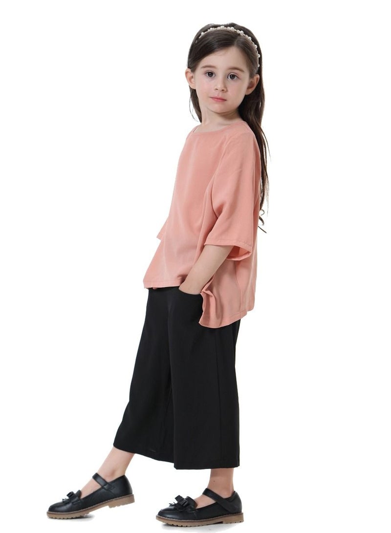 Loquat Girl's 2-Piece Set Outfit Round Neck Top And Loose Cropped Pants Suit Apricot/Black  - Image 2