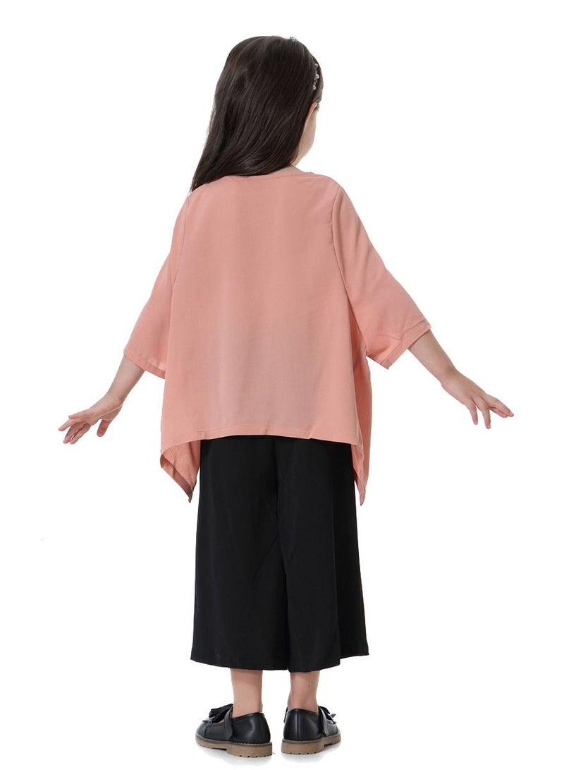 Loquat Girl's 2-Piece Set Outfit Round Neck Top And Loose Cropped Pants Suit Apricot/Black  - Image 3