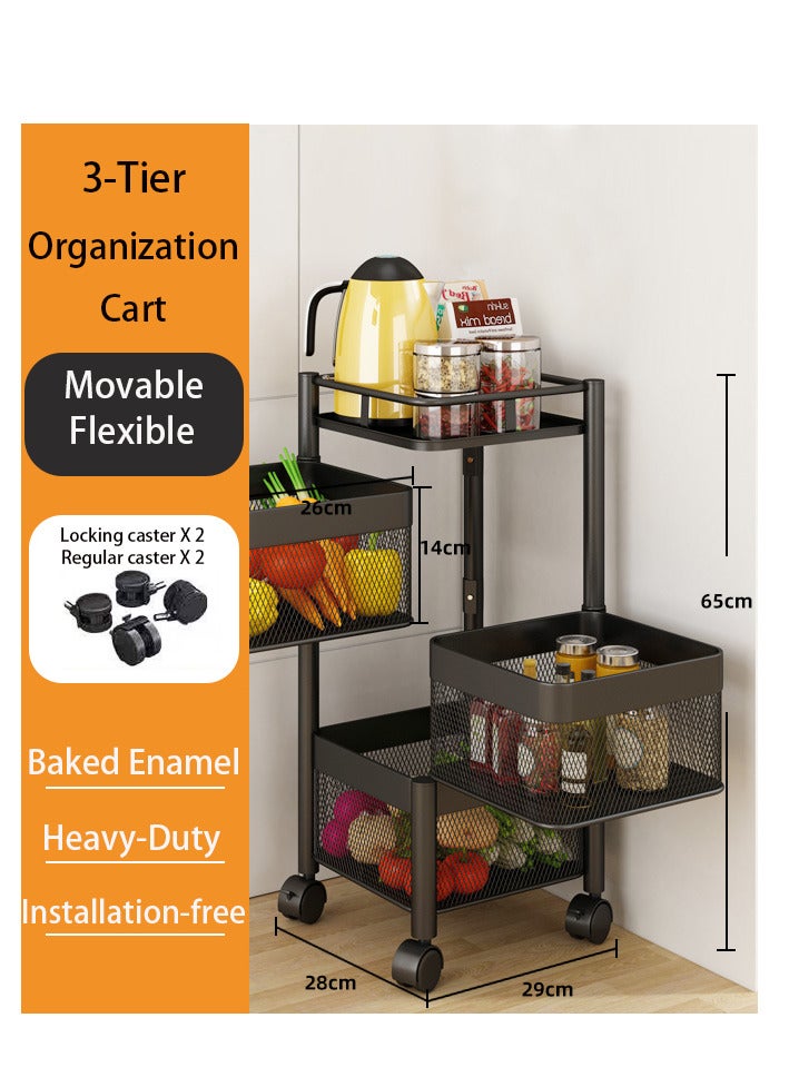 Yara Essentials Multi-Layer Kitchen Storage Rack Rotatable Kitchen Shelf 3 Movable Wheels for Fruits, Vegetables, and Household Items Black - Image 1
