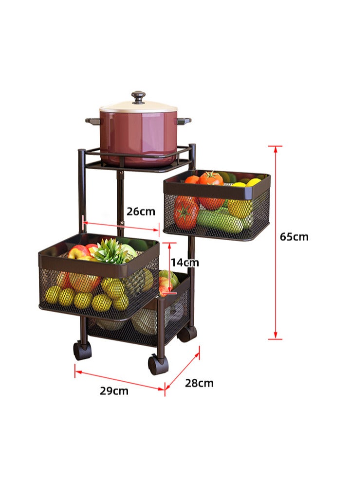 Yara Essentials Multi-Layer Kitchen Storage Rack Rotatable Kitchen Shelf 3 Movable Wheels for Fruits, Vegetables, and Household Items Black - Image 2