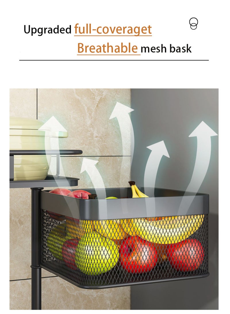 Yara Essentials Multi-Layer Kitchen Storage Rack Rotatable Kitchen Shelf 3 Movable Wheels for Fruits, Vegetables, and Household Items Black - Image 3