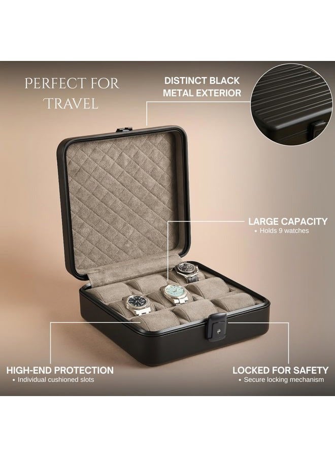 Bey-Berk Prague Aluminum Watch Case in Matte Black – 9-Slot Locking Travel Box with Soft Interior for Watch Storage - Image 3