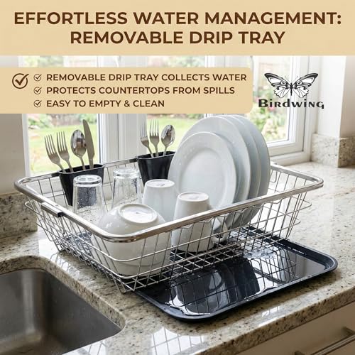 Birdwing Large Stainless Steel Kitchen Sink Dish Drainer Rack (64x47x23 cm) – Heavy-Duty Drying Basket with Drain Tray & Cutlery Holders – Durable Dish Organizer for Plates, Utensils & Kitchen Tools - Image 4