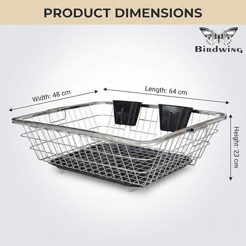 Birdwing Large Stainless Steel Kitchen Sink Dish Drainer Rack (64x47x23 cm) – Heavy-Duty Drying Basket with Drain Tray & Cutlery Holders – Durable Dish Organizer for Plates, Utensils & Kitchen Tools - Image 2