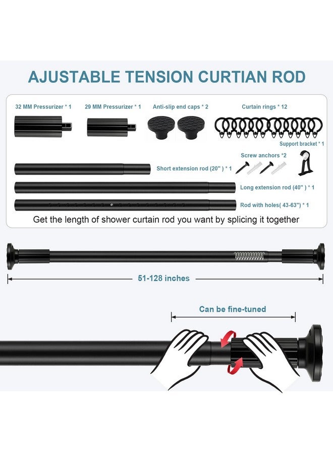 ZOCONE Shower Curtain Rod 51-128 Inch(4.25-10.5Ft), ZOCONE Adjustable Tension Curtain Rod No Drilling, Black Spring Tension Shower Rods for Bathroom Windows Closet Outdoor Non Slip Rust free Easy Install  - Image 3