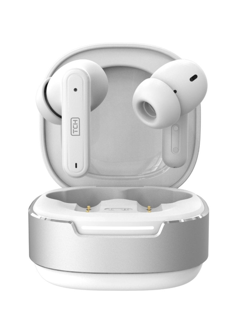 TCH Wireless Earbuds D6 Sound Hunt WHITE Noise Cancellation– Hybrid 6-MIC, ANC+ENC, Bluetooth 5.4, 6H Playtime, HiFi Boom Bass, 10mm Drivers, IPX4 Water Resistant, Touch Controls - Android & IOS - Image 1