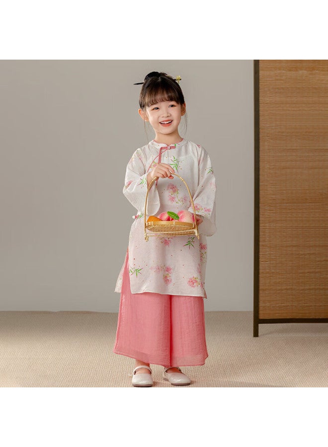 Menghu Girls' New Chinese-style Set, Oriental Minimalist Luxury Style Parent-child Outfit, Pink Small Flower Pattern, Size 100